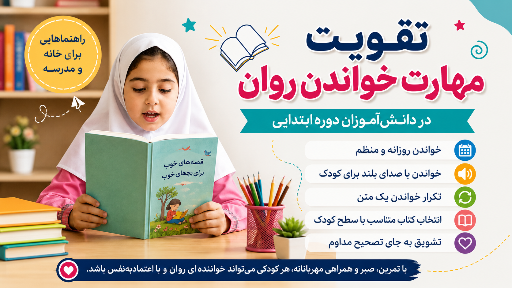 دانش‌آموز دبستانی در حال خواندن کتاب با صدای بلند
